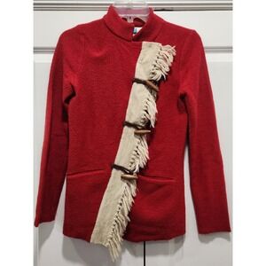 Sparrow Red Wool Mock Neck Jacket Women's XS Fringe Toggle Buttons Boho Chic